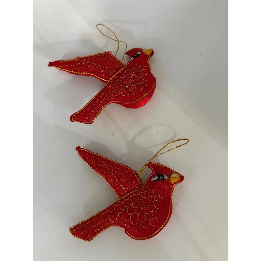 Red Cardinal Bird Christmas Ornaments Set of 2 Gold Embroidered Fabric Padded
